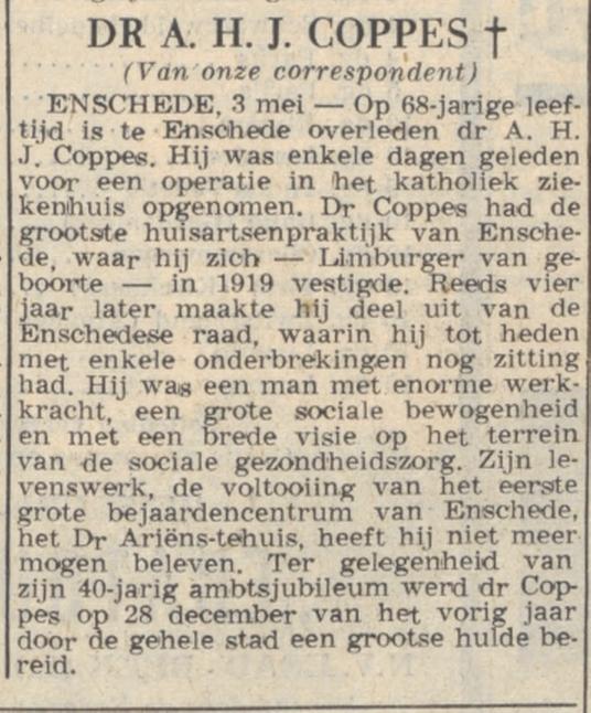 Dr. A.H.J. Coppes overleden krantenbericht de Volkskrant 3-5-1958.jpg