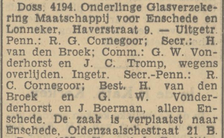 Oldenzaalsestraat 21B R.G. Cornegoor Onderlinge Glasverzekering Maatschappij krantenbericht Tubantia 27-3-1934.jpg