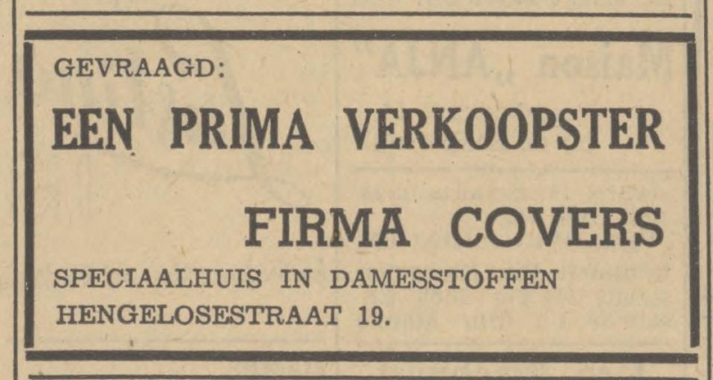 Hengelosestraat 19 Fa. Covers speciaalhuis in damesstoffen advertentie Tubantia 7-5-1949.jpg