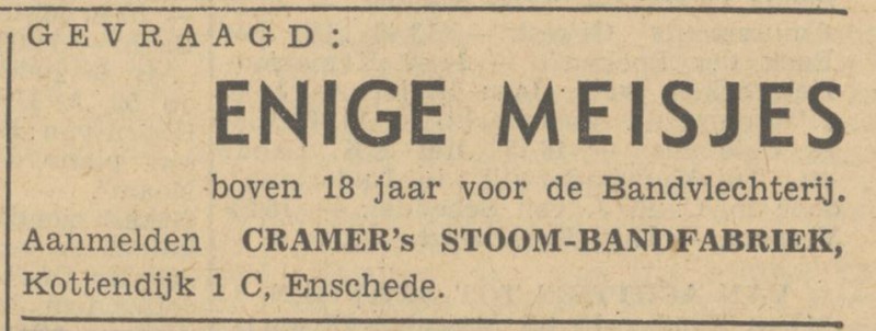 Kottendijk 1c Cramer's Stoombandfabriek advertentie Tubantia 15-4-1949.jpg