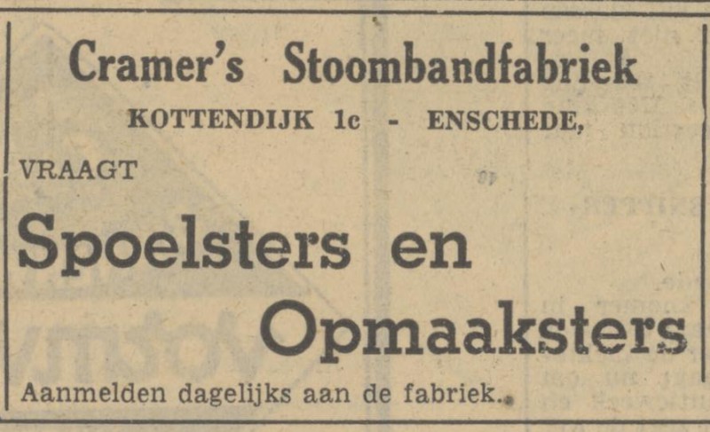 Kottendijk 1c Cramer's Stoombandfabriek advertentie Tubantia 22-3-1951.jpg