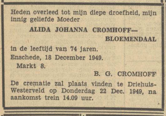 Markt 8 A.J. Cromhoff-Bloemendaal overlijdensadfvertentie Tubantia 19-12-1949.jpg