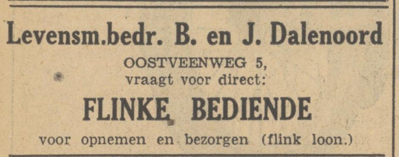 Oostveenweg 5 Levensmiddelenbedrijf B. en J. Dalenoord advertentie Tubantia 28-4-1949.jpg