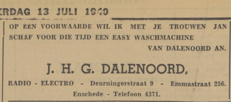 Deurningerstraat 9 J.H.G. Dalendoord advertentie Tubantia 13-7-1940.jpg