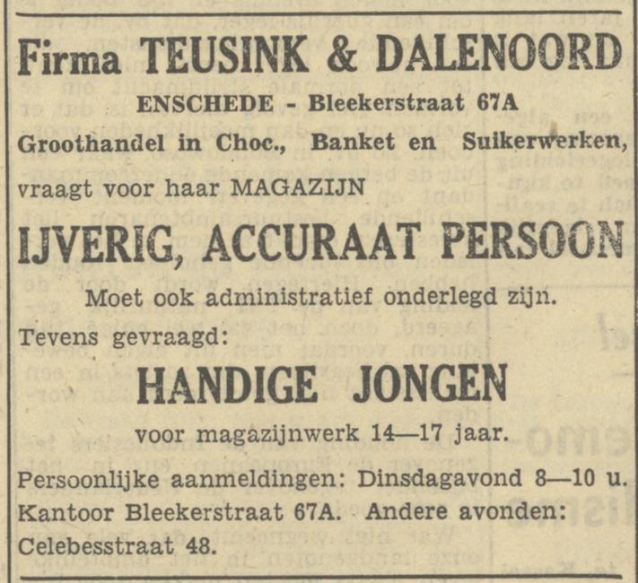 Celebesstraat 48 Fa. Teusink en Dalenoord Groothandel advertentie Tubantia 23-1-1950.jpg