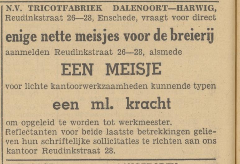 Reudinkstraat 26-28 Tricotfabriek Dalenoort-Harwig advertentie Tubantia 28-12-1948.jpg