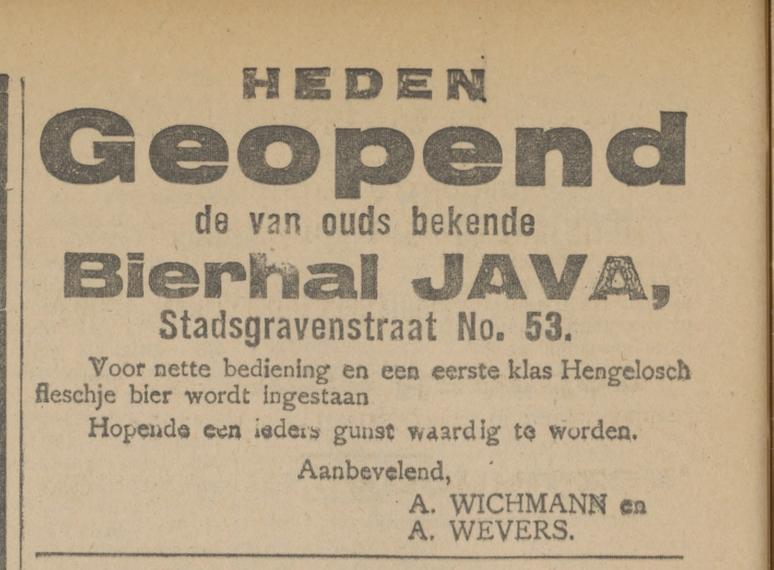 Stadsgravenstraat 53 Bierhal Java advertentie Tubantia 7-8-1919.jpg