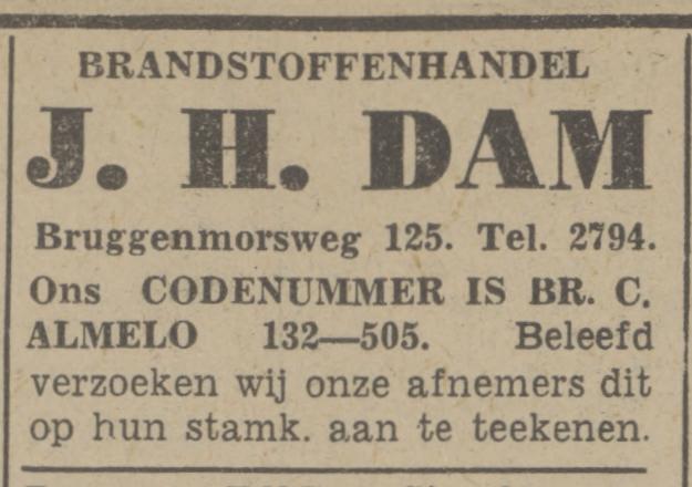 Bruggenmorsweg 125 Brandstoffenhandel J.H. Dam advertentie Tubantia 10-11-1941.jpg
