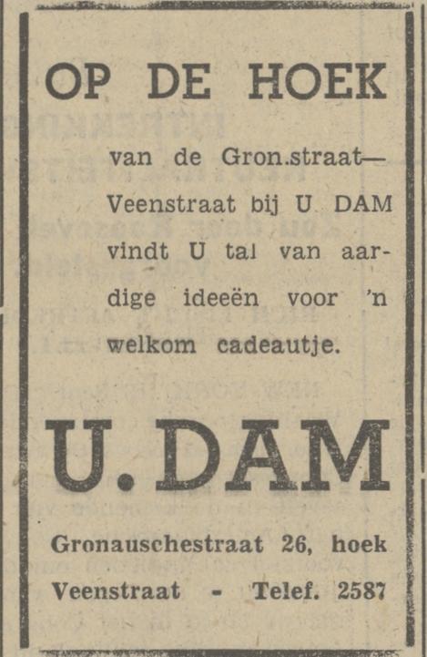 Gronausestraat 26 hoek Veenstraat U. Dam advertentie Tubantia 16-9-1941.jpg