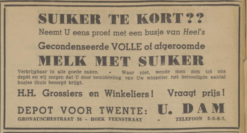 Gronausestraat 26 hoek Veenstraat U. Dam advertentie Tubantia 3-7-1940.jpg