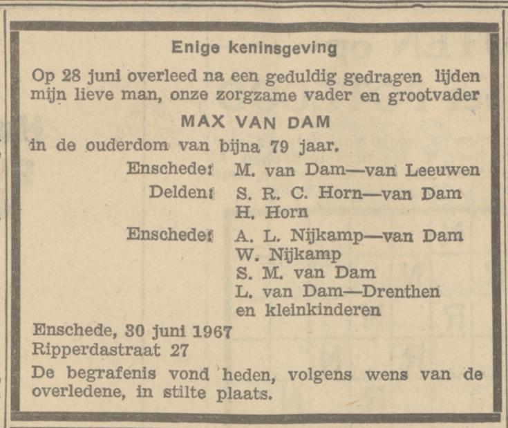Ripperdastraat 27 Max van Dam overlijdensadvertentie Algemeen Handelsblad 30-6-1967.jpg