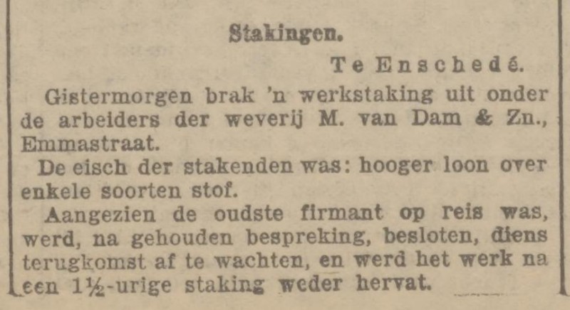 Emmastraat weverij M. van Dam & Zn. krantenbericht 17-6-1908.jpg