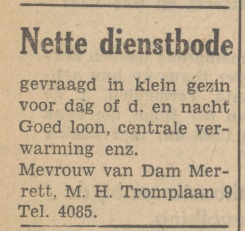 M.H. Tromplaan 9 Mevr. van Dam-Merrett advertentie Tubantia 8-2-1947.jpg