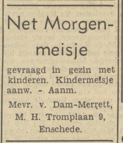 M.H. Tromplaan 9 Mevr. van Dam-Merrett advertentie Tubantia 7-10-1950.jpg