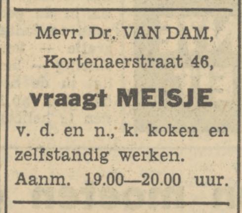 Kortenaerstraat 46  Mevr. van Dam advertentie Tubantia 11-9-1951.jpg