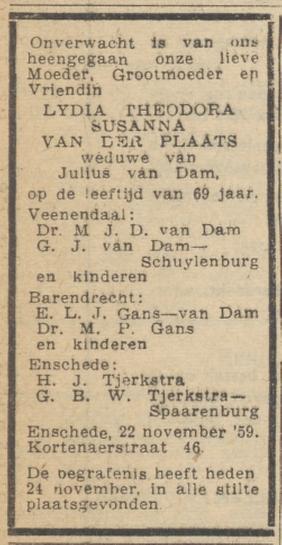 Kortenaerstraat 46 L.T.S. van Dam-van der Plaats overlijdensadvertentie Het Parool 24-11-1959.jpg