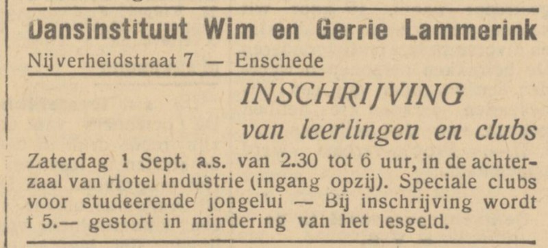 Nijverheidstraat 7 Dansinstituut Wim en Gerrie Lammerink advertentie Het Parool 25-8-1945.jpg