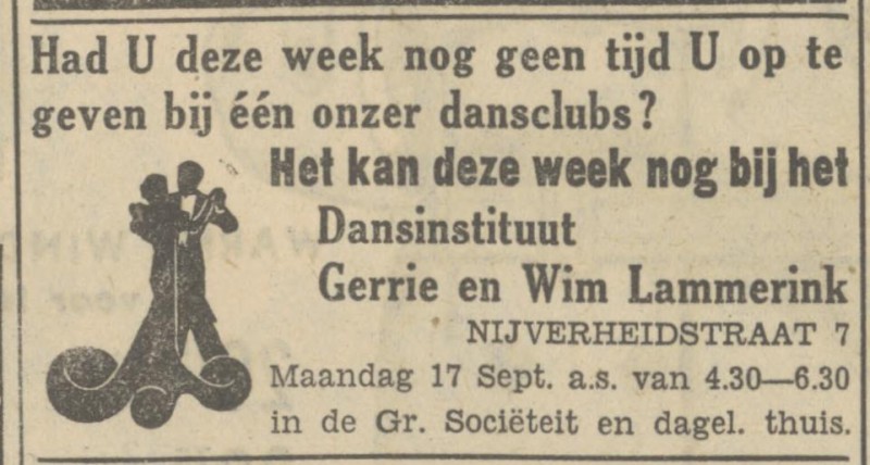 Nijverheidstraat 7 Dansinstituut Wim en Gerrie Lammerink advertentie Tubantia 14-9-1951.jpg
