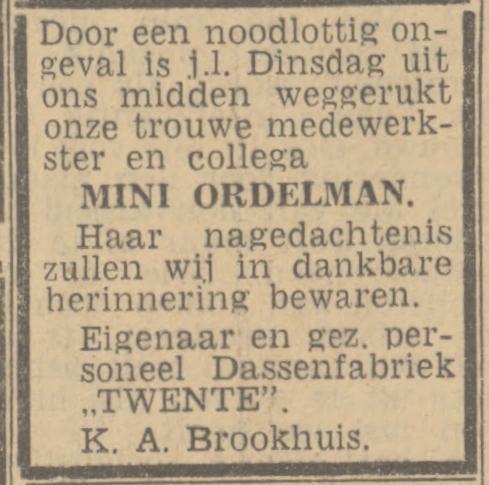 Dassenfabriek Twente K.A. Brookhuis overlijdensadvertntie medewerkster Mini Ordelman  Twentsch nieuwblad 25-2-1944.jpg