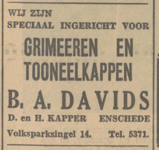 Volksparksingel 14 B.A. Davids kapper advertentie Tubantia 20-11-1934.jpg