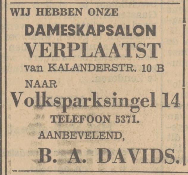 Volksparksingel 14 B.A. Davids dameskapsalon advertentie Tubantia 21-8-1934.jpg