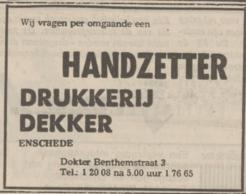 Dr. Benthemstraat 3 Drukkerij Dekker advertentie Tubantia 7-9-1974.jpg