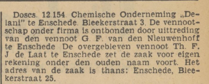 Blekerstraat 25 Chemische Onderneming Delani krantenbericht Tubantia 30-4-1940.jpg