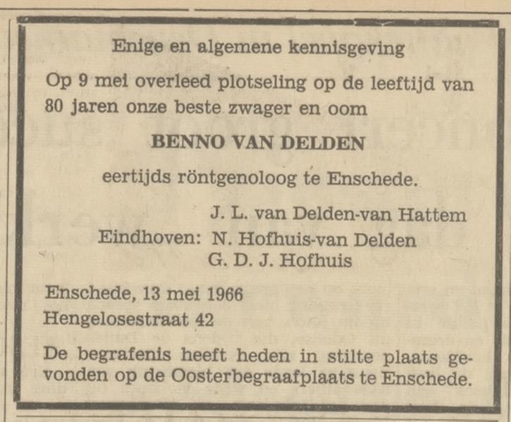 Hengelosestraat 42 Benno van Delden overlijdensadvertentie Tubantia 13-5-1966.jpg