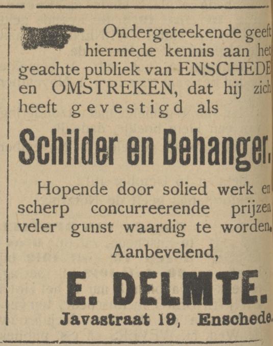 Javastraat 19 E. Delmte schilder en behanger advertentie Tubantia 6-7-1912.jpg