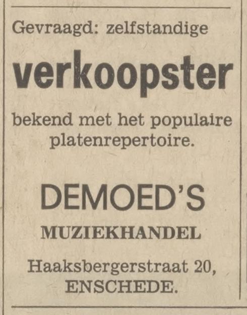 Haaksbergerstraat 20 Demoed's muziekhandel advertentie Tubantia 14-10-1966.jpg