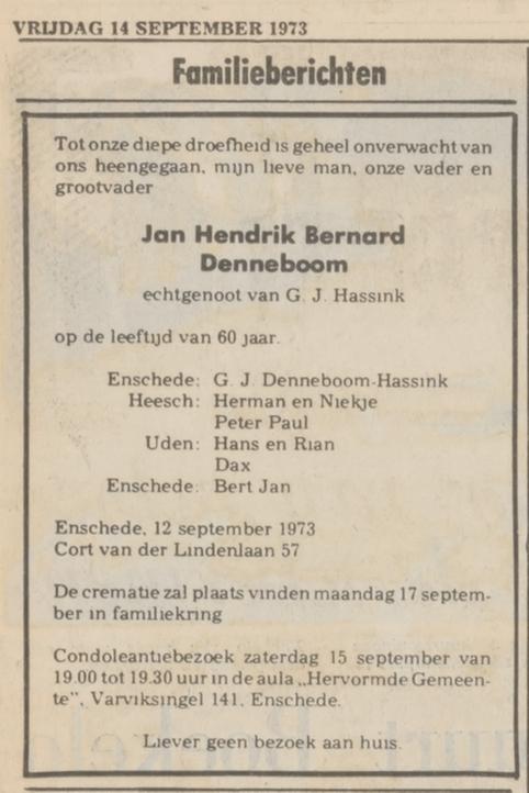 Cort van der Lindenlaan 57 J.H.B. Denneboom overlijdensadvertentie Tubantia 14-9-1973.jpg