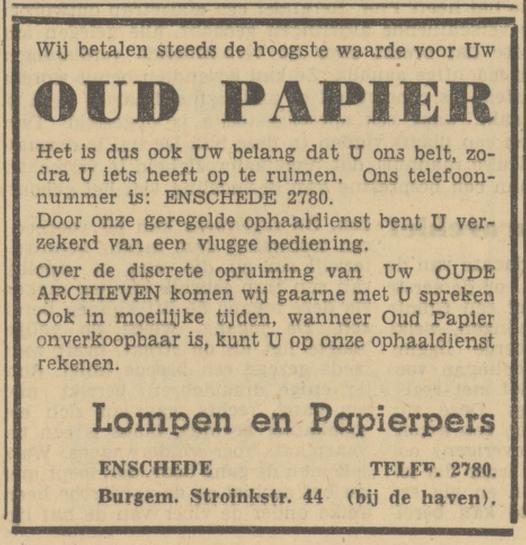 Burgemeester Stroinkstraat 44 Lompen en Papierpers advertentie Tubantia 16-11-1950.jpg