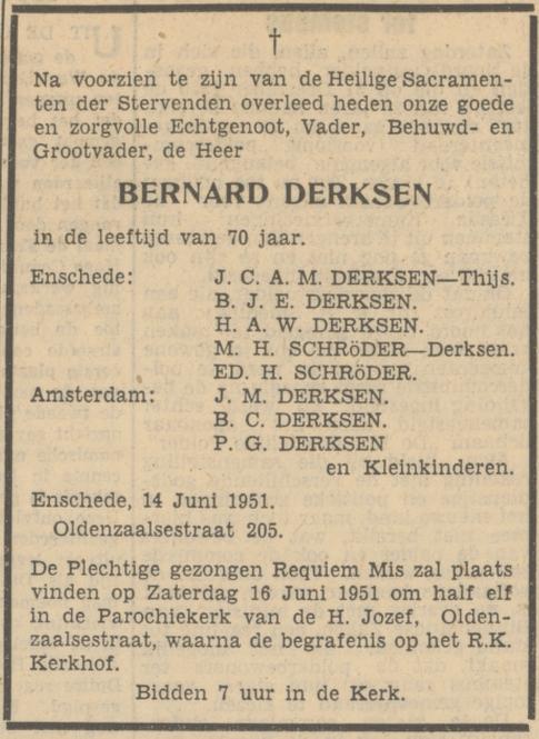 Oldenzaalsestraat 205 Bernard Derksen overlijdensadvertentie 14-6-1951.jpg