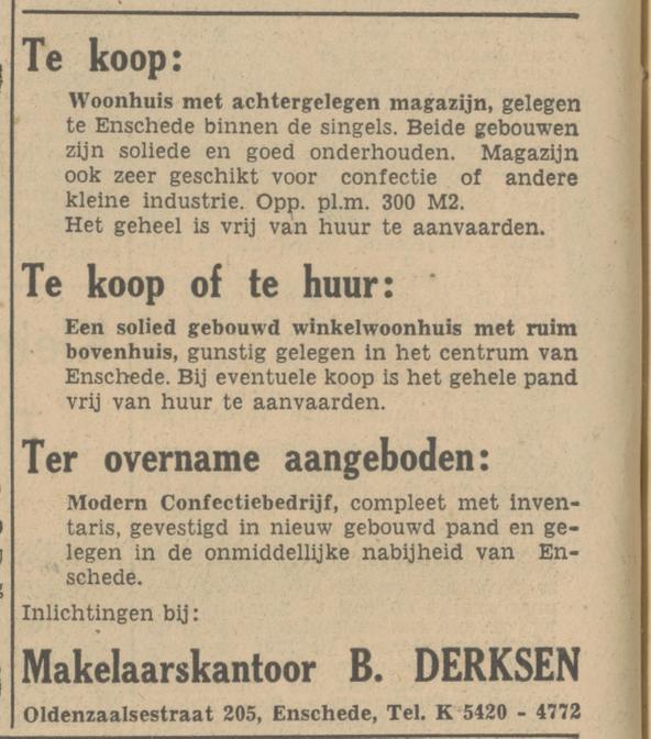 Oldenzaalsestraat 205 Makelaarskantoor B. Derksen advertentie Tubantia 14-4-1951.jpg