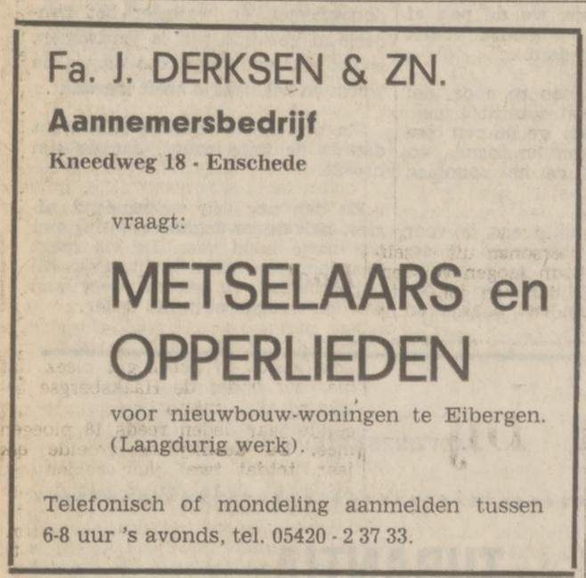 Kneedweg 18 Aannemersbedrijf Fa. J. Derksen & Zn. advertentie Tubantia 25-6-1971.jpg