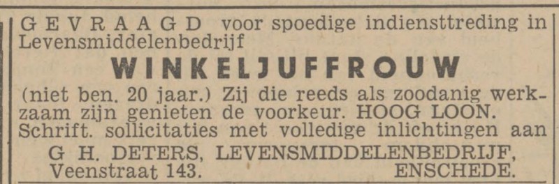 Veenstraat 143 G.H. Deters Levensmiddelenbedrijf advertentie Twentsch nieuwsblad 14-4-1943.jpg