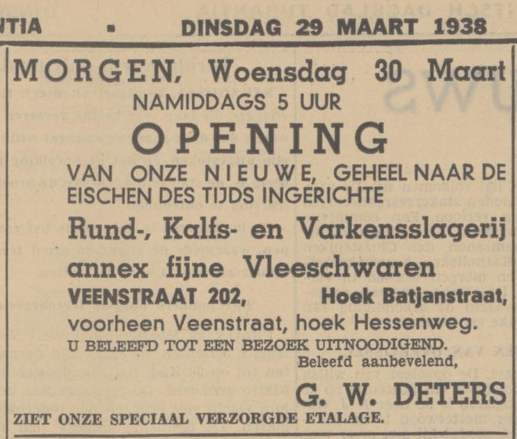 Veenstraat 202 hoek Batjanstraat G.W. Deters slagerij advertentie Tubantia 29-3-1938.jpg