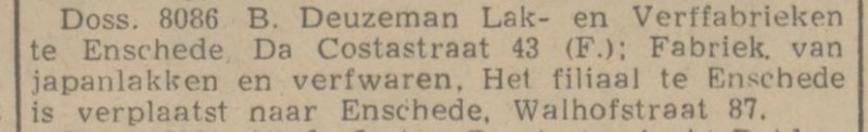 Walhofstraat 87 B. Deuzeman Lak en Verffabrieken krantenbericht Tubantia 6-3-1941.jpg