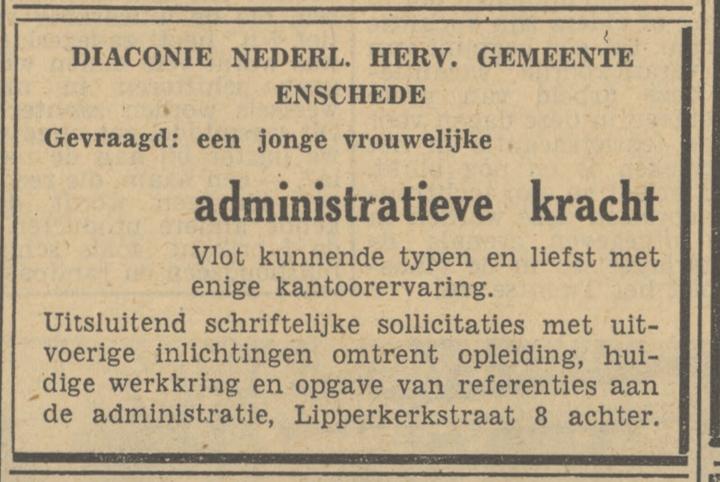 Lipperkerkstraat 8 achter Diaconie Nederlands Hervormde Gemeente Enschede advertentie Tubantia 26-7-1949.jpg