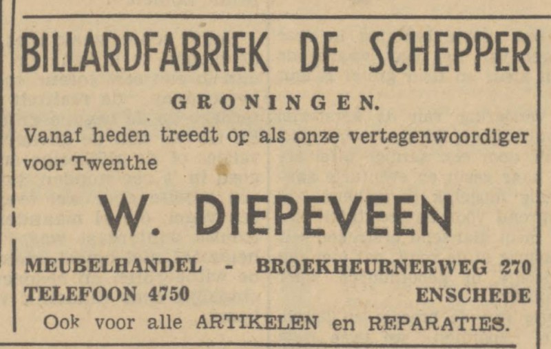 Broekheurnerweg 270 W. Diepeveen Meubelhandel advertentie Tubantia 16-12-1950.jpg