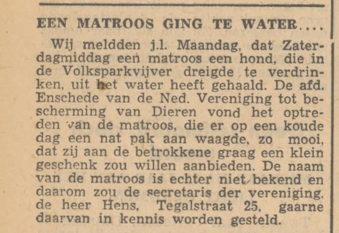 Tegalstraat 25 dhr. Hens secretaris Ned. Ver. tot bescherming van Dieren. krantenbericht Tubantia 10-3-1949.jpg