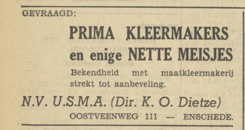 Oostveenweg 111 K.O. Dietze advertentie Tubantia 25-2-1950.jpg