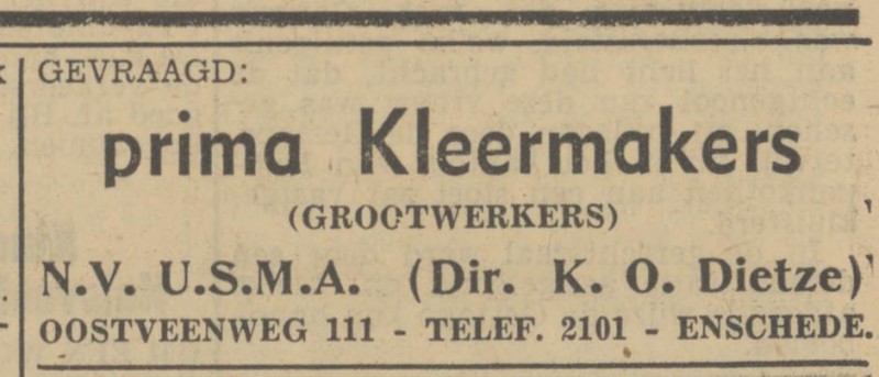 Oostveenweg 111 K.O. Dietze advertentie Tubantia 8-2-1951.jpg