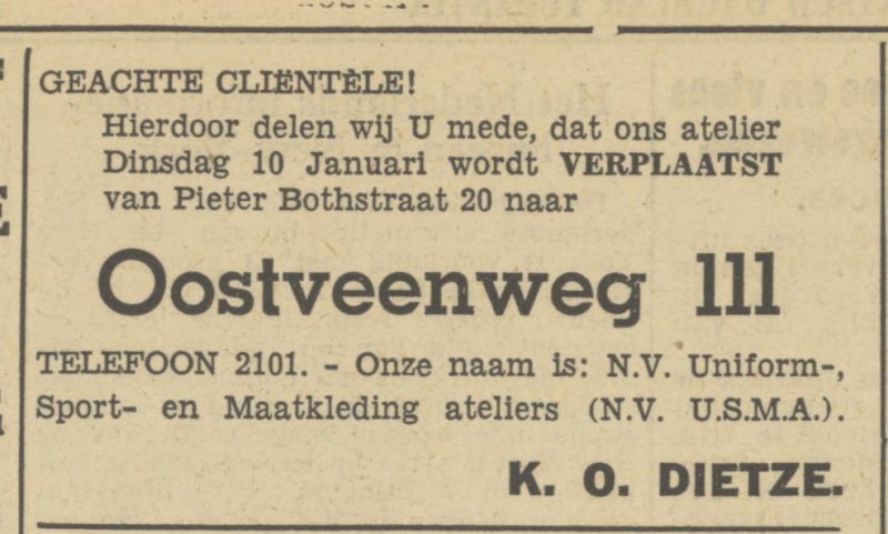Oostveenweg 111 K.O. Dietze advertentie Tubantia 9-1-1950.jpg
