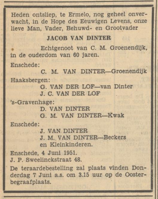 J.P. Sweelinckstraat 48 Jacob van Dinter overlijdensadvertentie 5-6-1951.jpg
