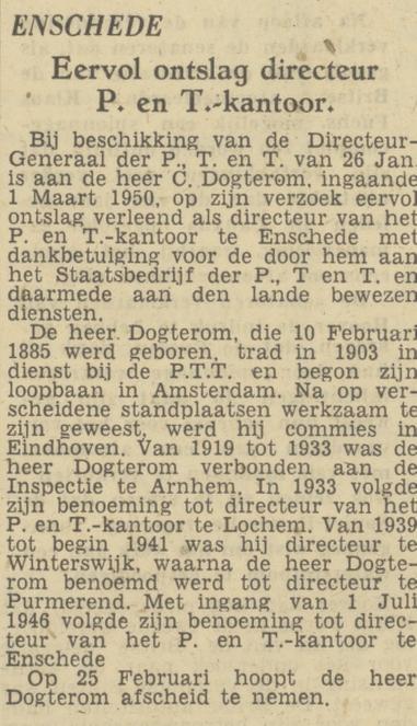 C. Dogterom directeur Postkantoor krantenbericht Tubantia 4-2-1950.jpg