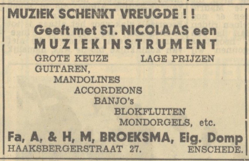Haaksbergerstraat 27 Fa. A. & H.M. Broeksma eigen. Domp advertentie Tubantia 15-11-1949.jpg