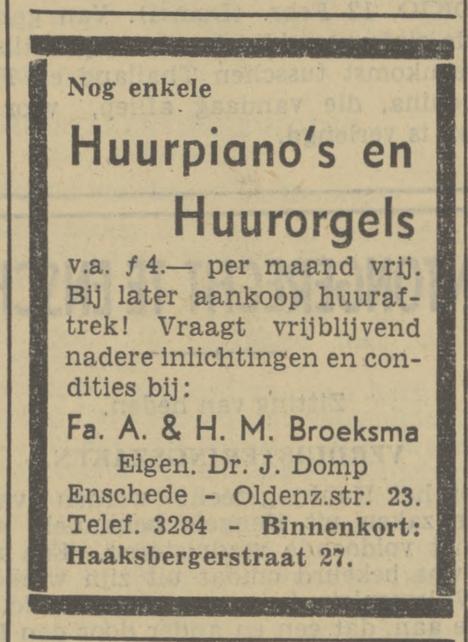Haaksbergerstraat 27 Fa. A. & H.M. Broeksma eigen. Dr. J. Domp advertentie Tubantia 12-2-1941.jpg