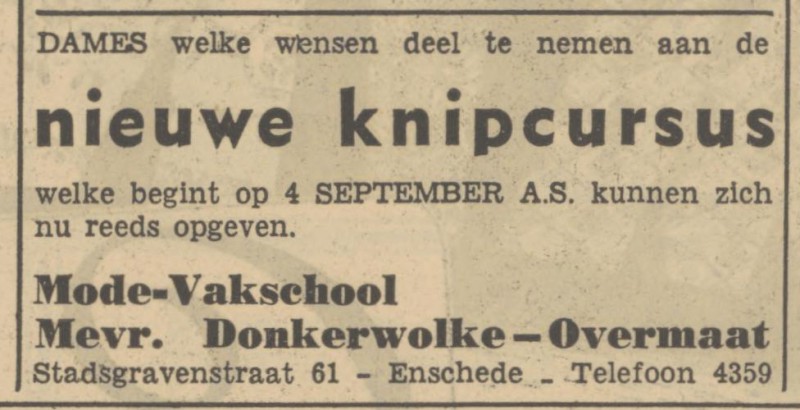 Stadsgravenstraat 61 Modevakschool Mevr. Donkerwolke-Overmaat advertentie Tubantia 14-9-1950.jpg