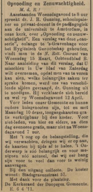 Stadsgravenstraat 57 Doopsgezinde Gemeente woning koster krantenbericht Tubantia 6-4-1911.jpg